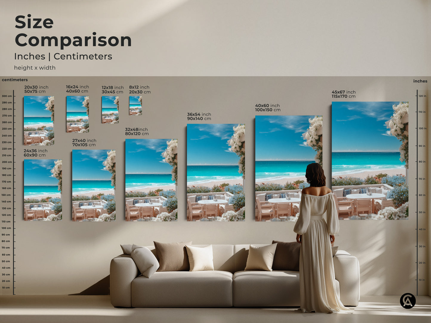 Size comparison of beach artwork in inches and centimeters. Visualize how canvas and poster prints fit in your space. Sizes range from small to large for the perfect scale. Decorate your home with stunning coastal art.
