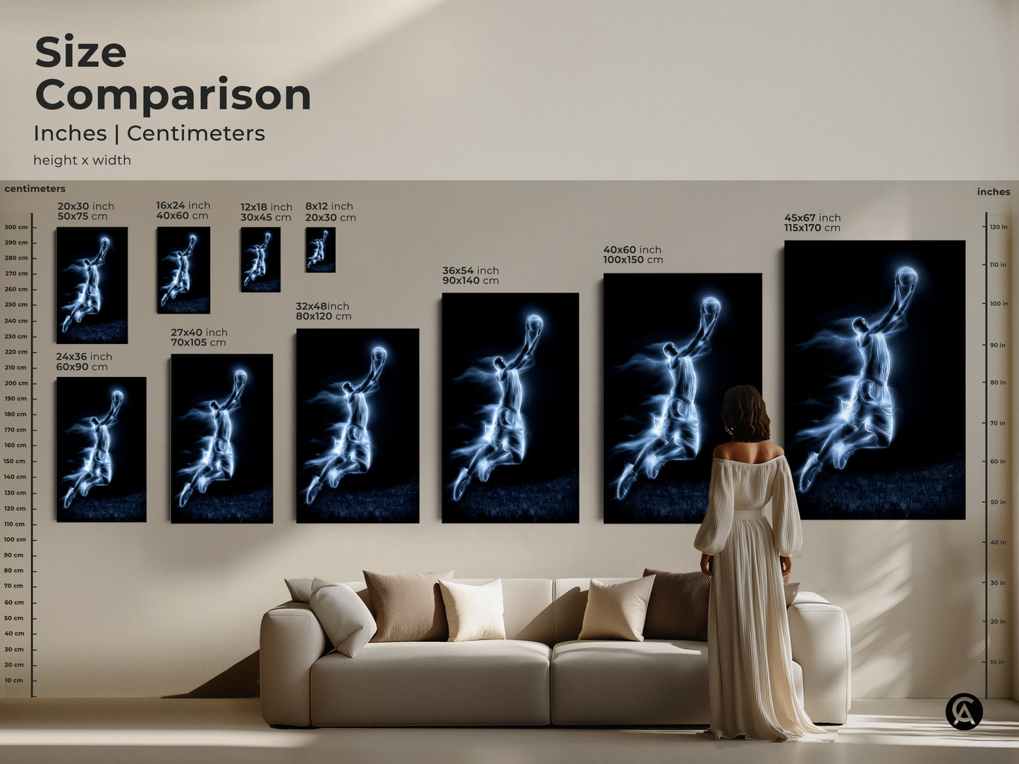 Size comparison of basketball art. See how the artwork looks above a couch. Sizes range from small to large. Order the perfect size canvas or poster print for your home today