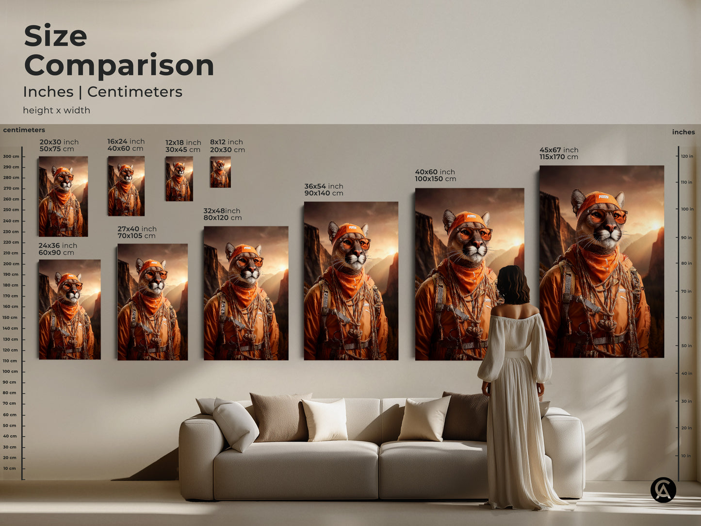 A size comparison showcasing the Amber Mountain Cougar Art Print hung above a couch next to a model in different sizes. Find the right size canvas art for your living room or office. This mountain vista wall art will elevate your space with amber tones.