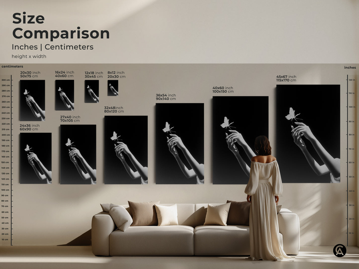 Size comparison of monochrome butterfly art prints. Surreal hands canvas prints are displayed in various sizes. They range from small to extra-large above a sofa. This minimalist black and white art enhances any space. Perfect for bedroom art it’s a unique wall decor gift.