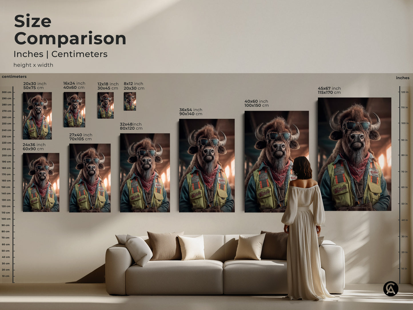 A size comparison showcase of the Tan Teal Wildlife Print. The cool sunglasses buffalo canvas is next to a sofa and person to help visualize the scale of this artwork. The animal art print transforms any living room with its unique presence.