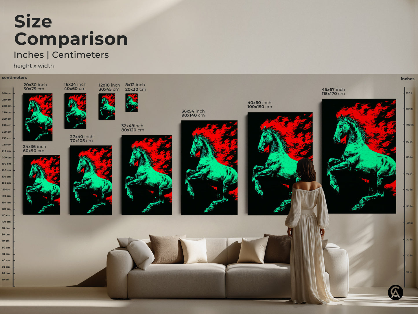 Size comparison of the green and red flaming horse artwork. Visualize the different sizes of this pop art horse canvas in inches and centimeters. Perfect for study room office workspace or as a horse lover gift.