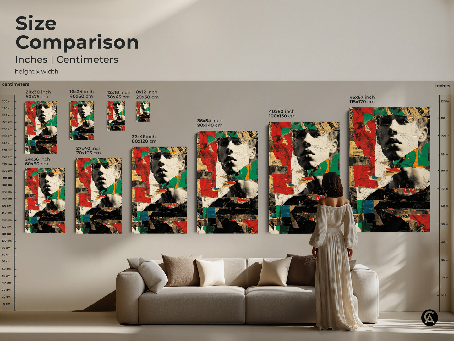 Size comparison of retro man portrait art prints in inches and centimeters. Visualize how this urban collage wall art fits above your sofa. Options from small to extra-large.