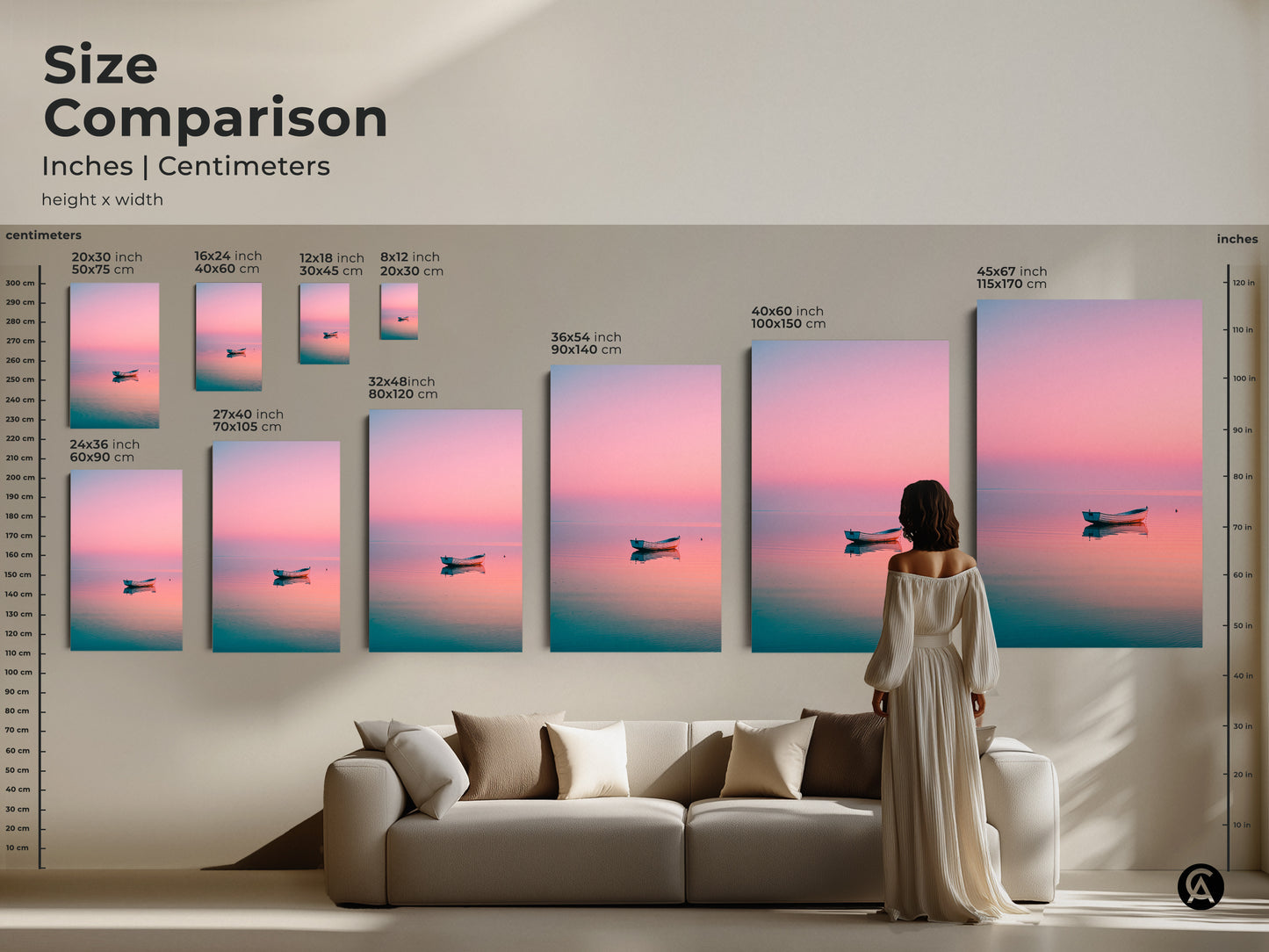 Size comparison of coastal artwork. See the sizes in inches and centimeters. Perfect for canvas and poster prints. Find the ideal fit for your home. Decorate with fine art prints today.