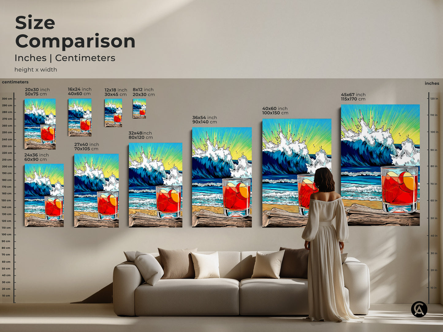 Size Comparison of Beach Wave Drink Art. Inches and centimeters are shown. Find the perfect fit for your space. This retro pop artwork drink enhances any coastal home decor.