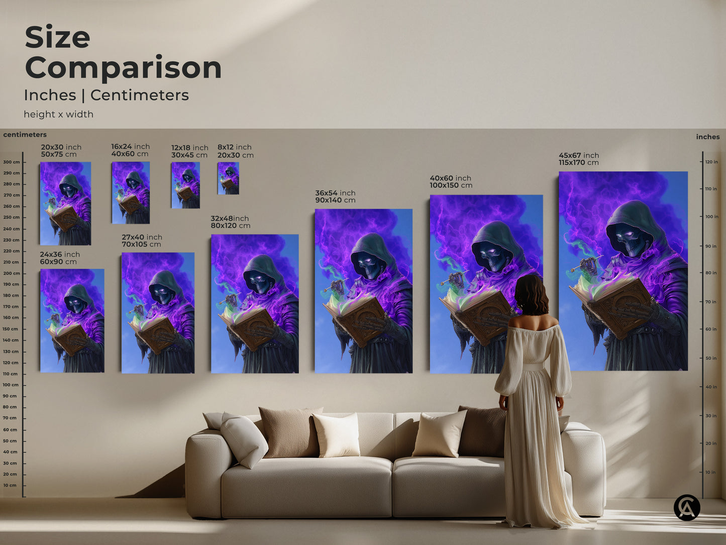 Size comparison of skeleton wizard art. Various sizes displayed in inches and centimeters. Perfect for adding a touch of magic to your home decor. This dark fantasy wall art is ideal for a gamer den or study room.