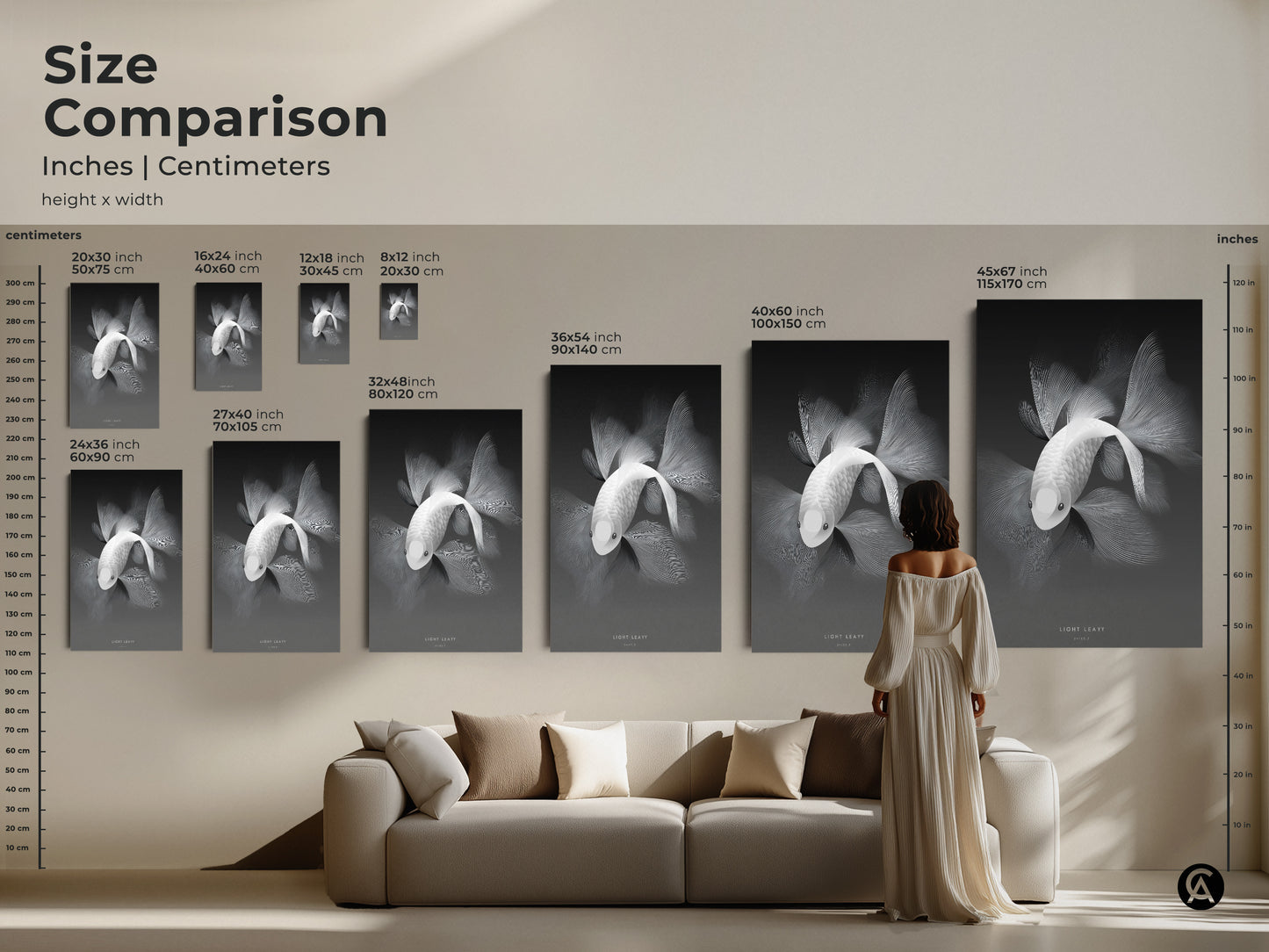 Size comparison of monochrome fish artwork in inches and centimeters. See how different sizes fit above a sofa. Choose from various canvas and poster dimensions. Visualize the impact of our art in your living space. Shop now and find the ideal size.