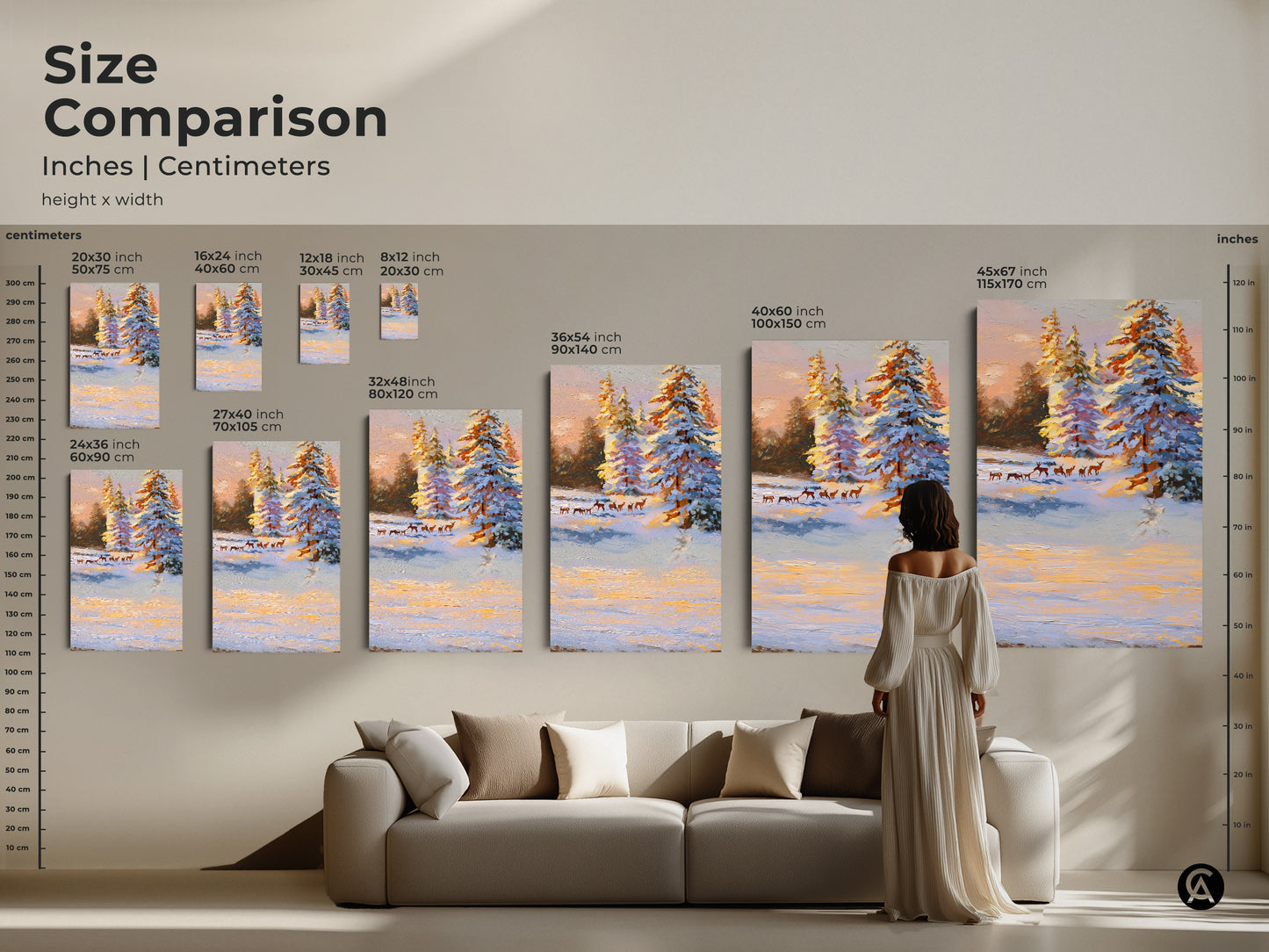 Size comparison of snowy pine trees and deer artwork. This shows various canvas and poster sizes in inches and centimeters. See how this winter landscape art fits above a sofa. Visualize this wildlife art in your space.