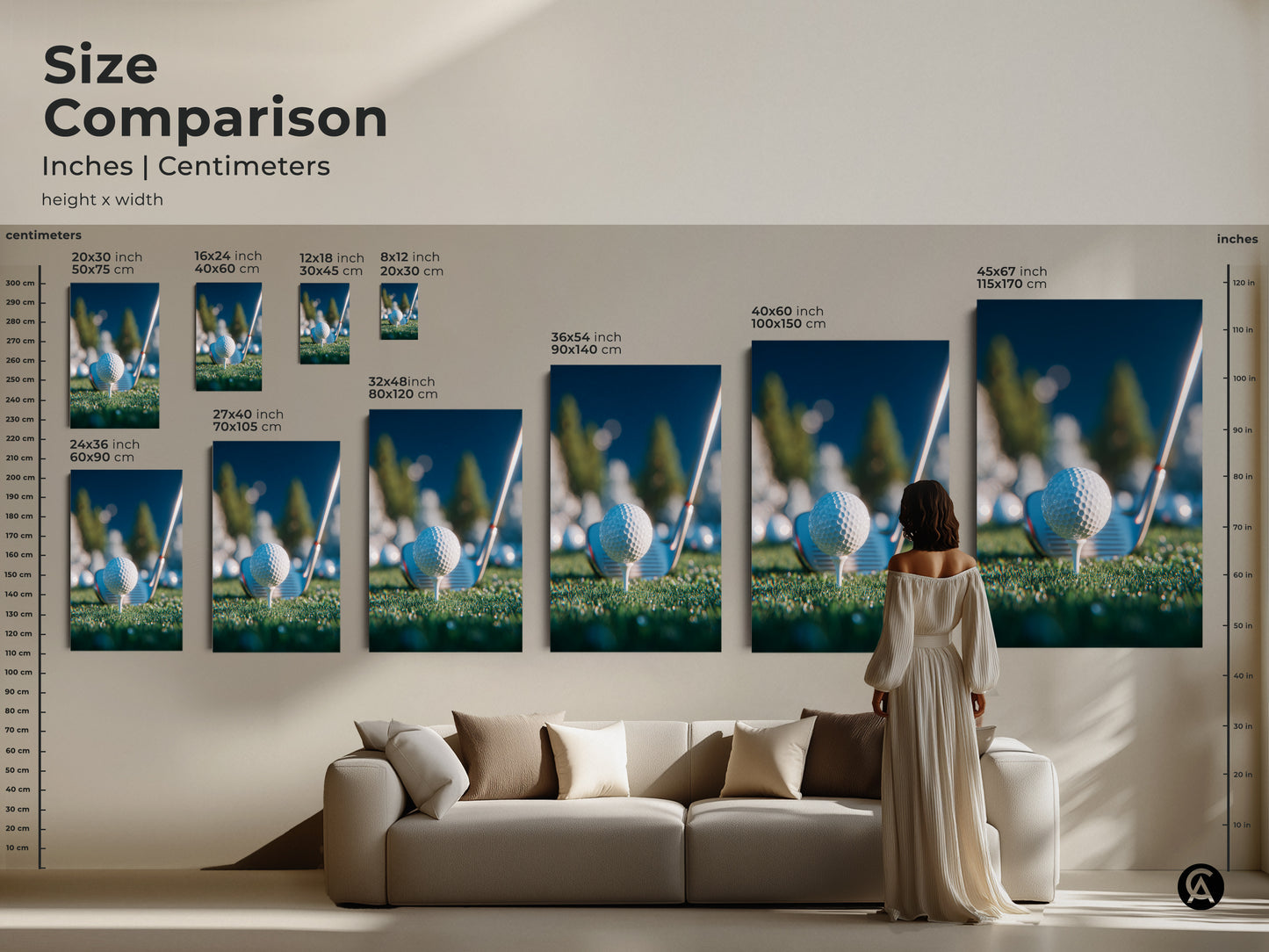 Size comparison of golf ball art prints in a living room setting. See how different sizes of art look above a couch. This helps you choose the right size for your room. Get your golf art today and enhance your decor.