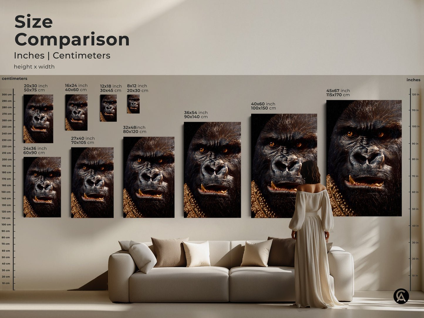 Size comparison of gorilla art prints. See the different sizes available. From small to extra large find the best fit for your space. Shop canvas and poster prints today.