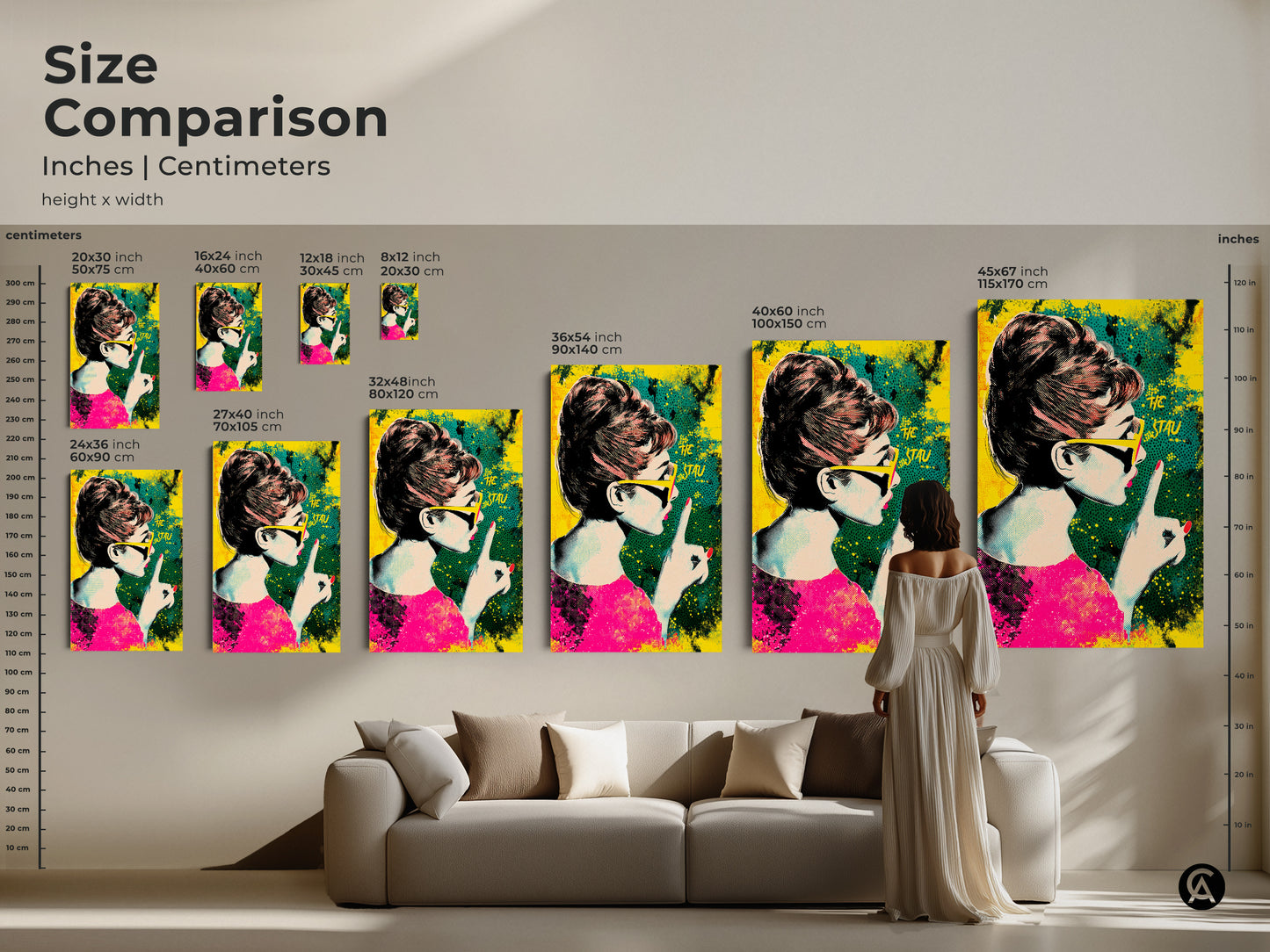 Size comparison of Audrey Hepburn pop art in inches and centimeters. Artwork featuring retro halftone style in pink yellow and teal. See how it fits above a couch. Perfect for adding a fashion statement to any wall.
