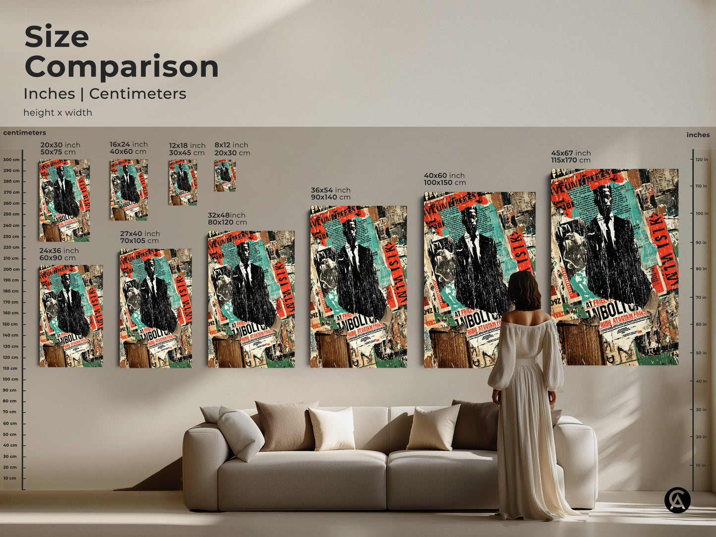 Size comparison of the Man in Suit collage art. See the inches and centimeters dimensions for each art piece. This industrial office wall art is perfect for any space. The black red and teal artwork makes a bold statement in any room.