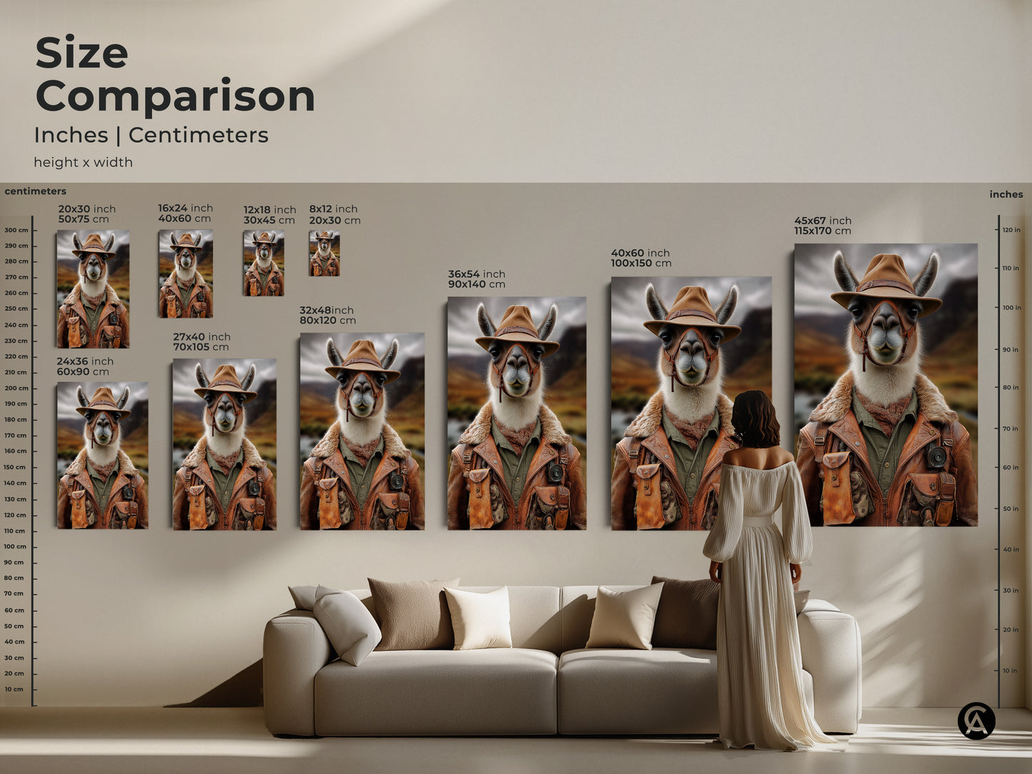 Compare sizes of this photorealistic llama art in inches and centimeters. See how the art fits above a sofa and beside a person. The rustic explorer llama print works in both small and large formats. The perfect earthy tones canvas for any room setting.