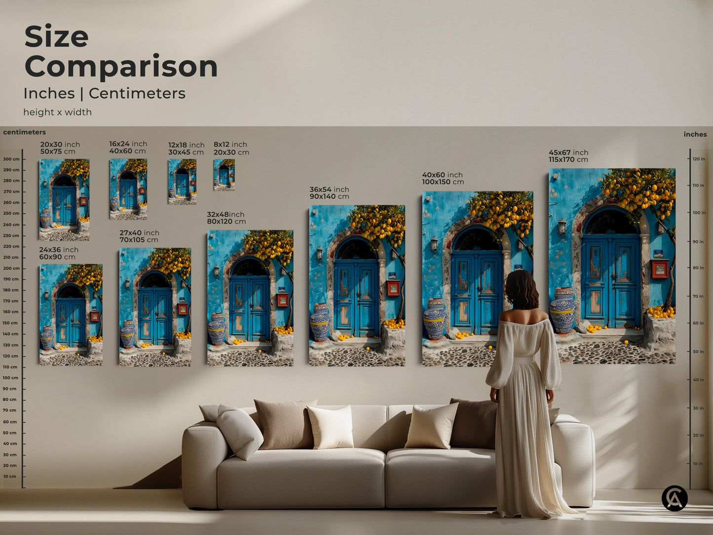 Size Comparison of the Mediterranean blue door and lemon tree artwork. Inches and centimeters are shown. Various sizes are displayed above a sofa. This boho coastal art is perfect for any room. Sizes range from small to large.
