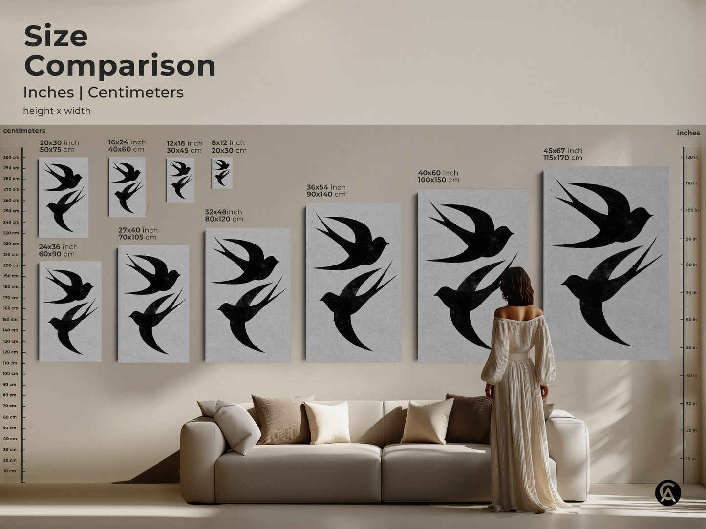 Close up shows framed black and white canvas art. The minimalist swallows artwork adds a modern touch to any room. This bird art is a perfect housewarming gift. Nature-inspired wall decor enhances your aesthetic.