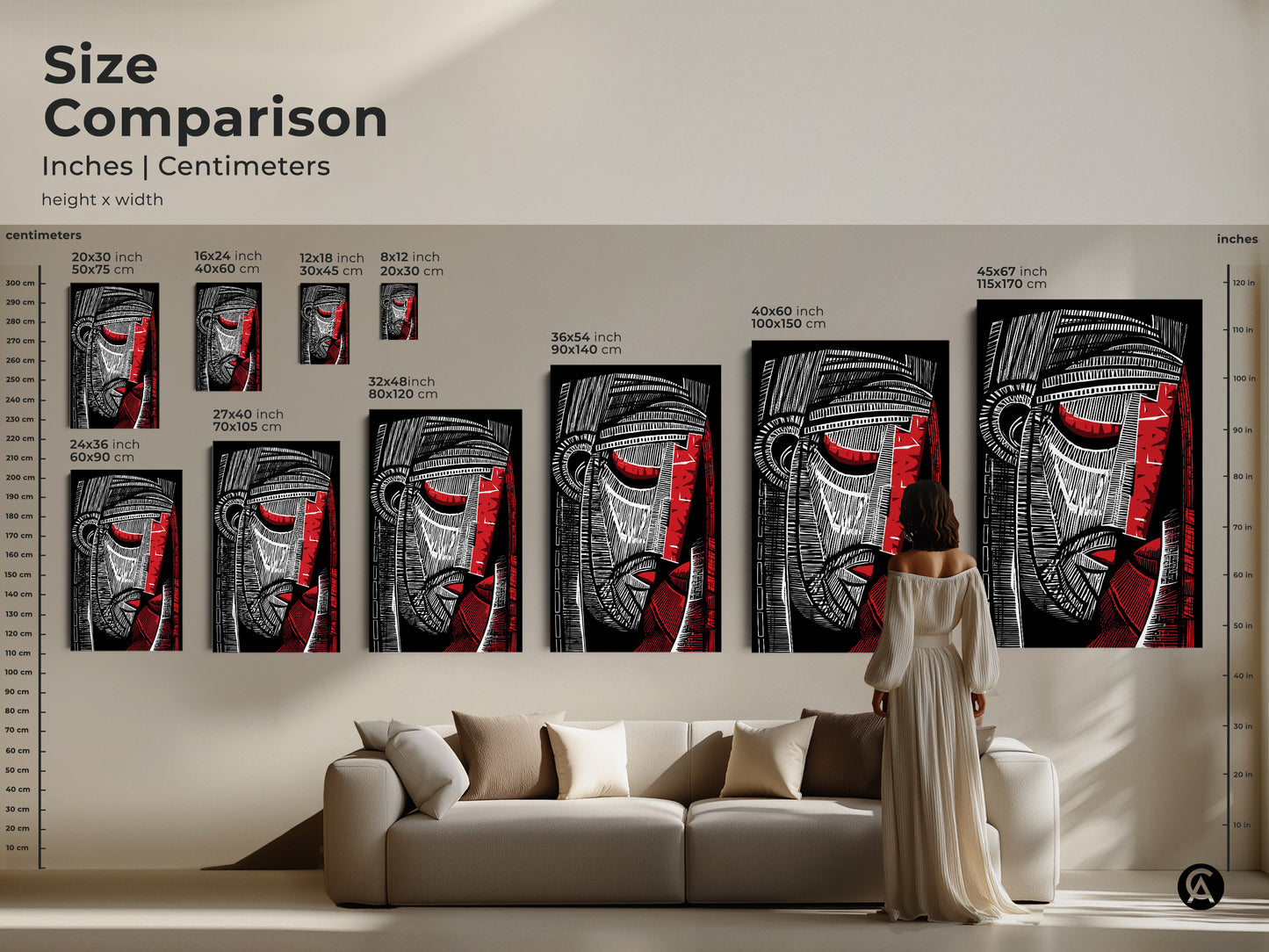 Size comparison of abstract face art prints in inches and centimeters. View canvas and poster prints from 20x30 cm to 115x170 cm. See how the art scales with a model and furniture. Plan your modern office or study room decor effectively.