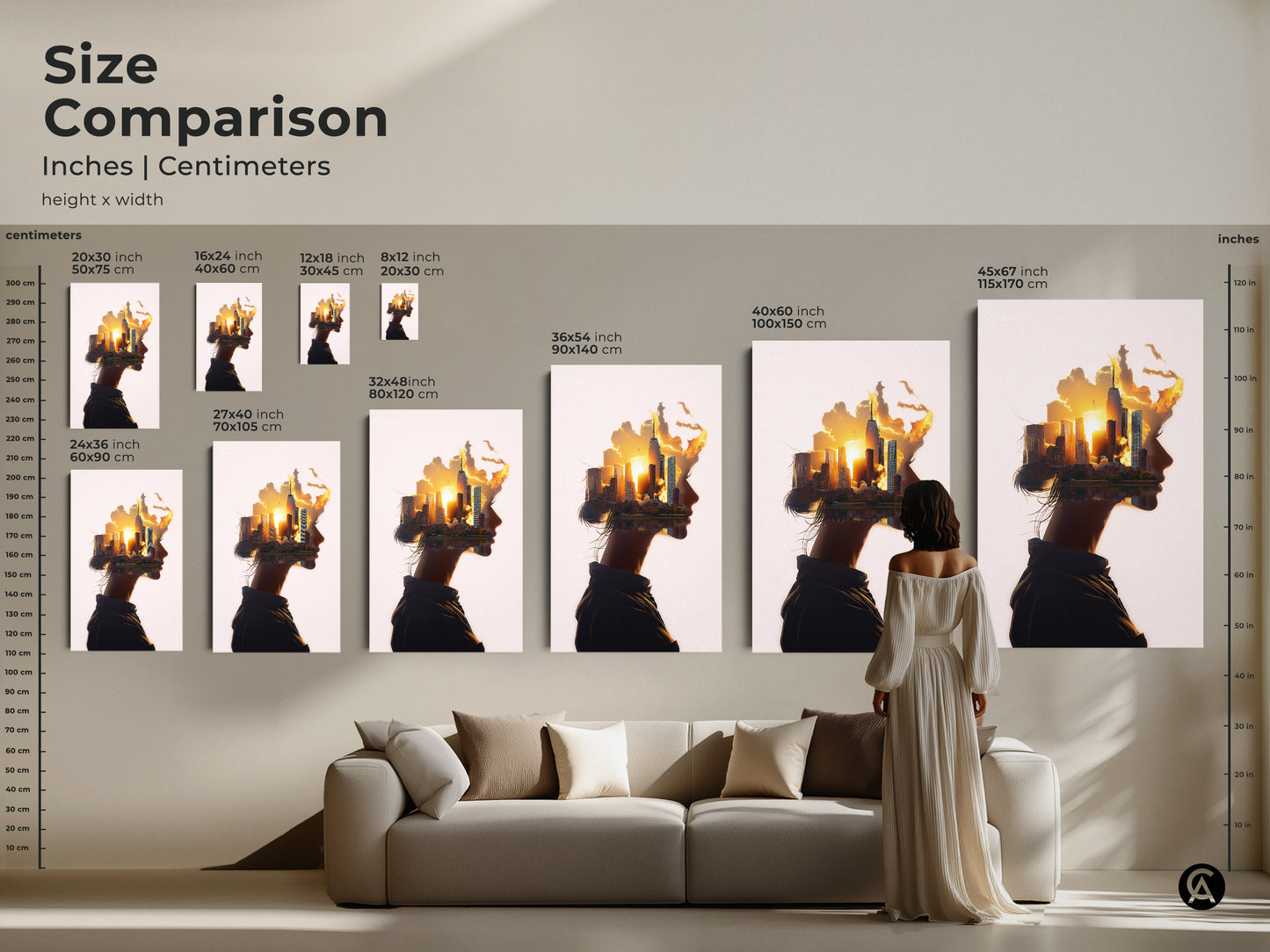 Size comparison inches centimeters woman profile cityscape art. Abstract surreal wall art. Conceptual urban landscape canvas in orange yellow gold sunset. Contemporary art for modern bedroom wall decor or contemporary office art. Compare the sizes to find the perfect fit.