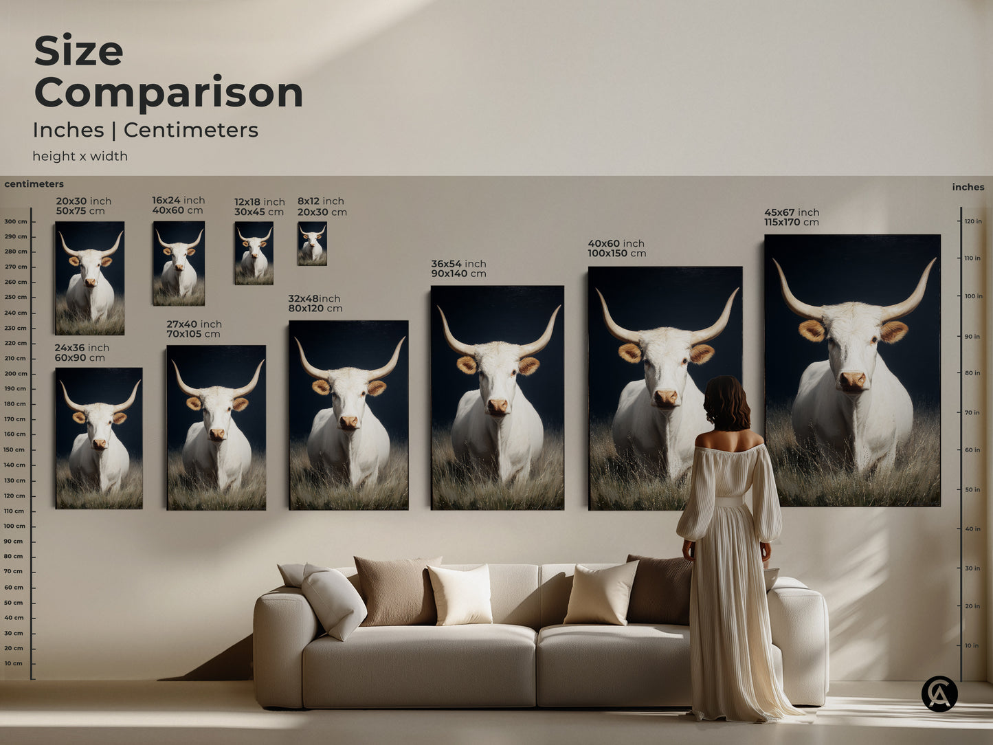 Size comparison of white longhorn cow artwork. See how the art looks in different sizes inches and centimeters. Perfect for farmhouse rustic wall art. Visualize the western animal canvas art in your space. Choose the right size for your living room or bedroom decor. Different sizes available.