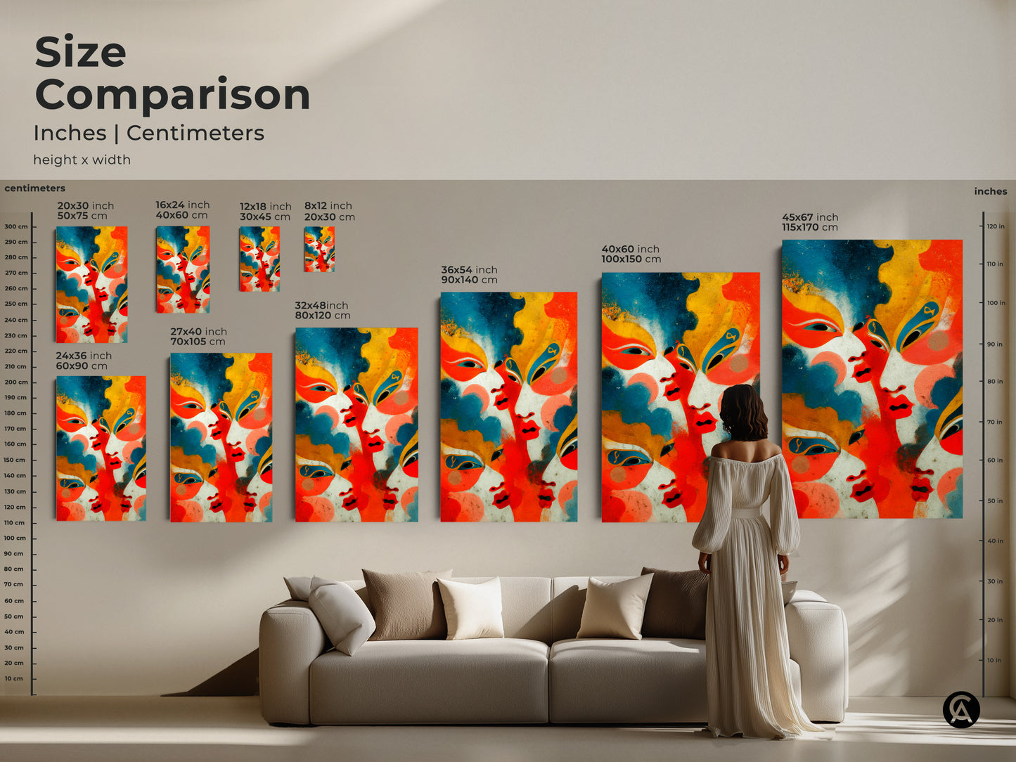 A size comparison of a geometric abstract faces artwork in different sizes. See how the canvases and posters from small to large fit above a sofa. Perfect for planning your eclectic modern wall decor.