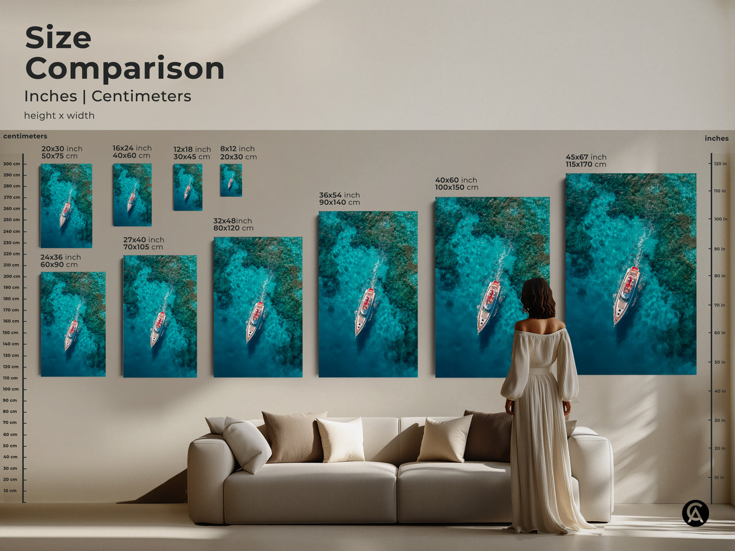 Visualize yacht artwork sizes with our size comparison. See how different sizes fit above a sofa. Choose from various dimensions in inches and centimeters. This artwork is available as canvas or poster prints to enhance your decor.