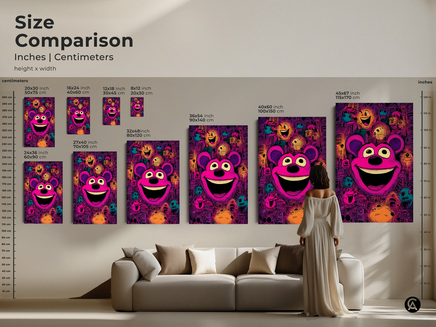 Art size comparison showcasing a pop art teddy bear artwork. See how different sizes fit above a sofa. Explore the artwork in various dimensions to find the ideal scale for your living room wall decor.