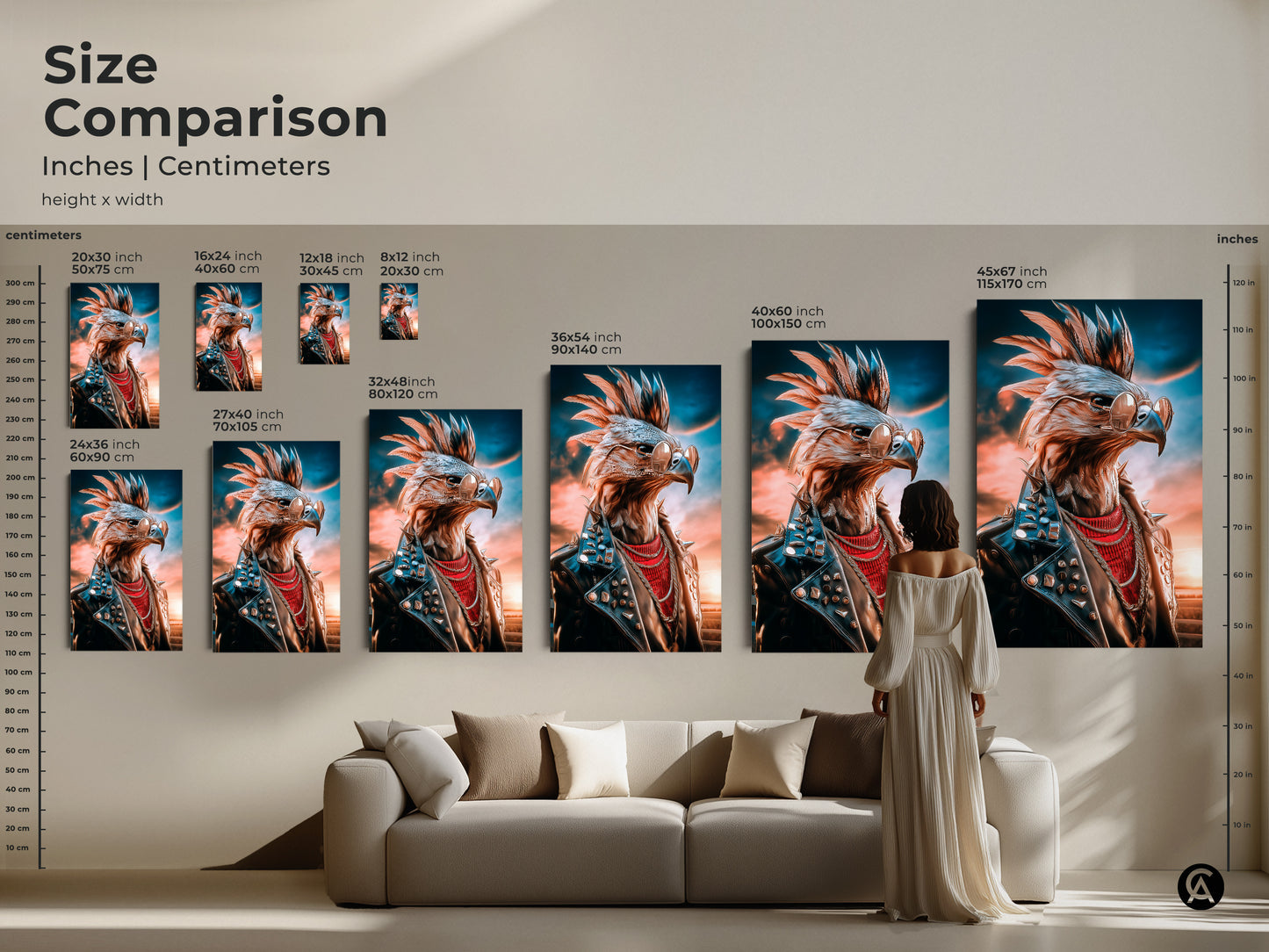 Size comparison of the rocker eagle canvas artwork in inches and centimeters. See how the punk rock animal print looks in different sizes. Visualize the blue and orange wall decor in your space. Perfect for a man cave gift and rock music fans.