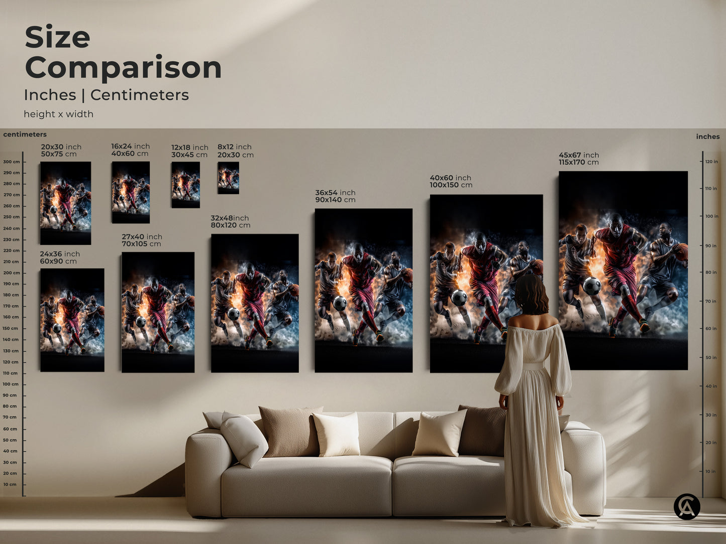 Size comparison of art prints in inches and centimeters. See how different sizes fit above a sofa in a living room setting. Choose the best artwork dimensions for your home.