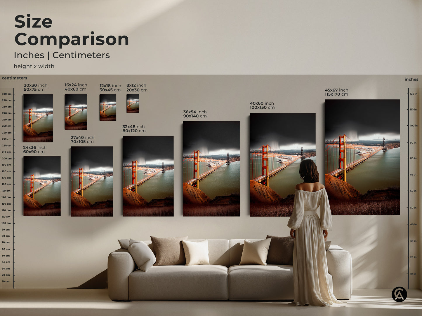 Compare sizes of Golden Gate Bridge artwork in inches and centimeters. View the art in various dimensions. Perfect for adding a San Francisco cityscape to your living room. Choose the ideal scale for your space.