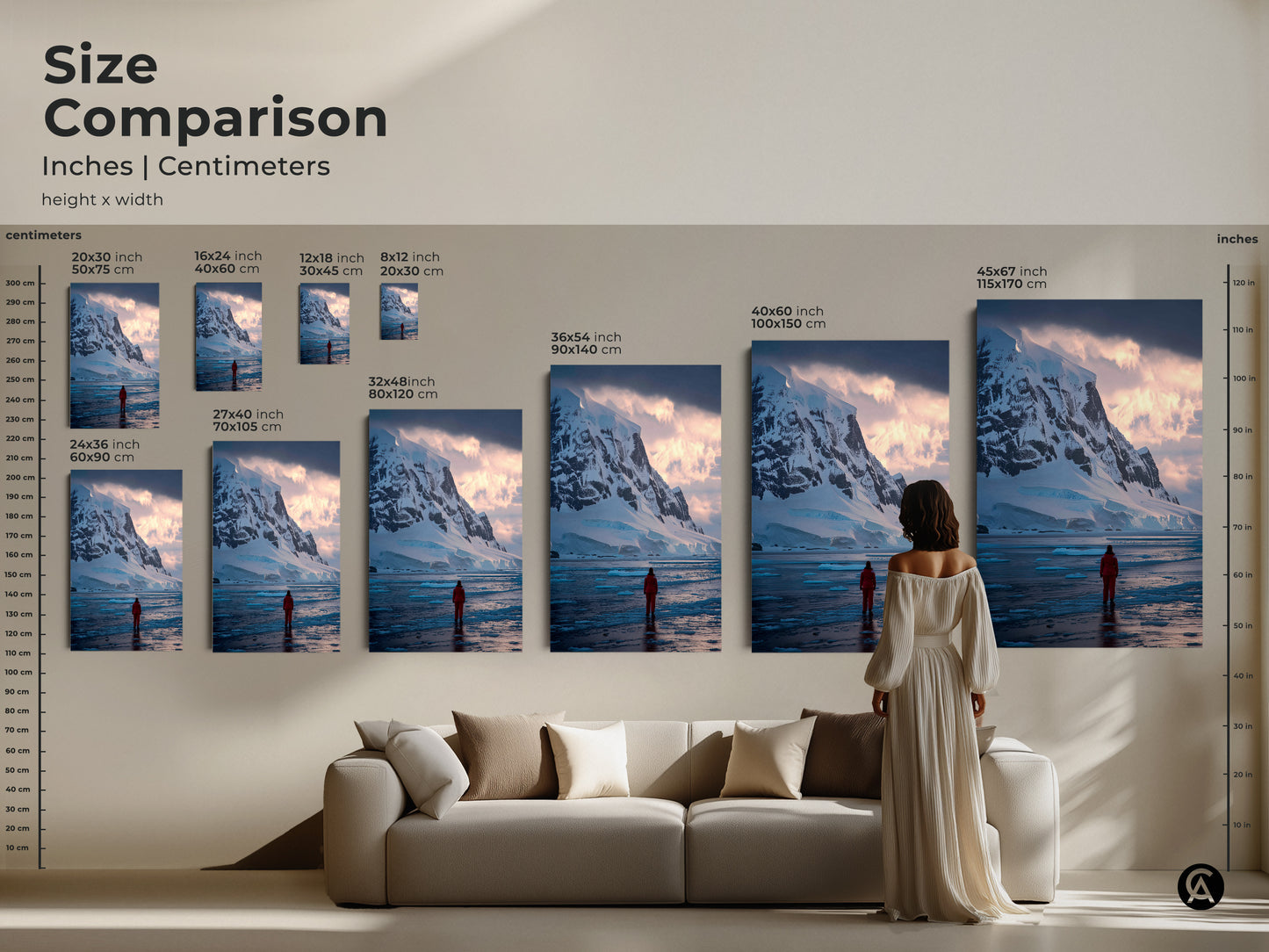 Size comparison of Antarctic wall art in inches and centimeters. The canvas print features snowy mountains icy waters and a lone explorer in a red suit. See how the art fits above a sofa.