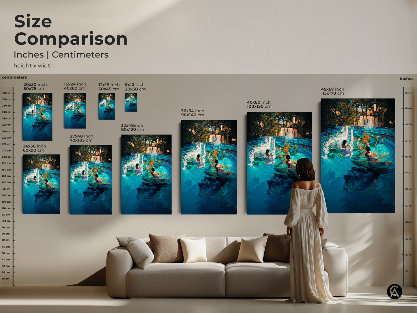 Size comparison of turquoise infinity pool art prints displayed above a couch. Inches and centimeters are shown for scale. Visualize the art print and its impact on your living room or bedroom decor.