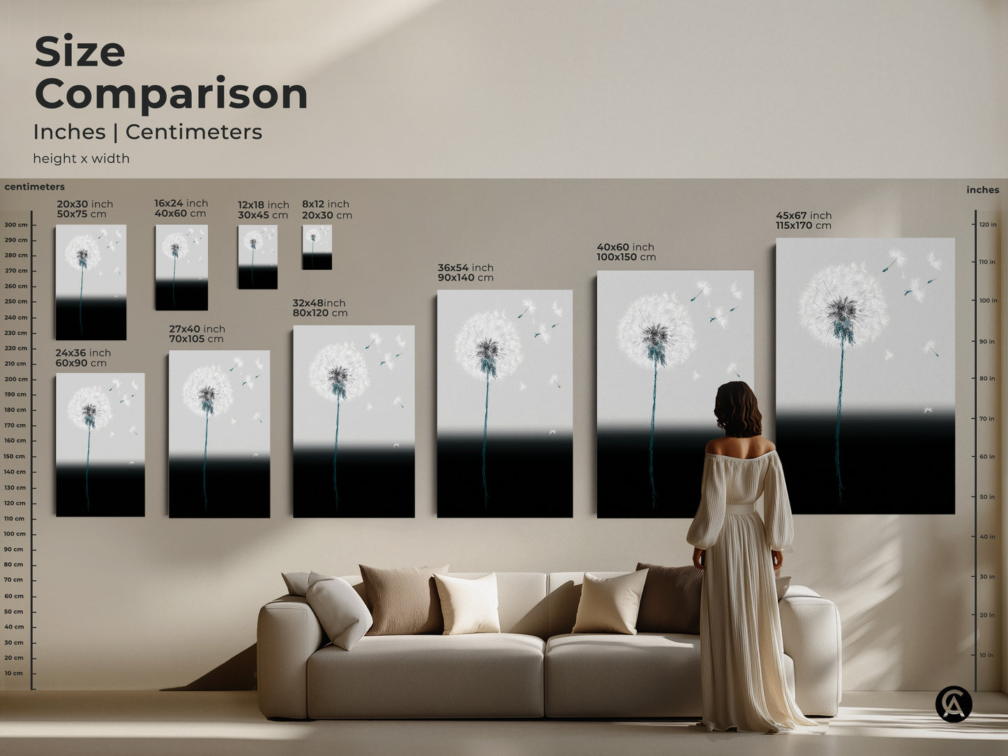 Size comparison of minimalist dandelion art. See inches and centimeters. Visualize the artwork in various sizes. From 20x30 cm to 45x67 inch. Abstract botanical wall art as a focal point. Perfect for any space from small to large. Transform your living room with elegant art.