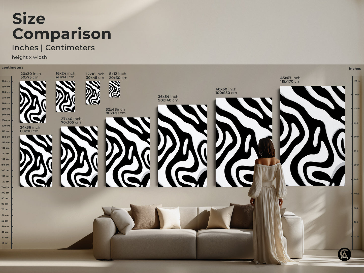 Size comparison of abstract zebra stripe art in inches and centimeters. See how the canvas art fits above a sofa. Black and white organic shapes create a modern minimalist look. Perfect for any living room or entryway decor.