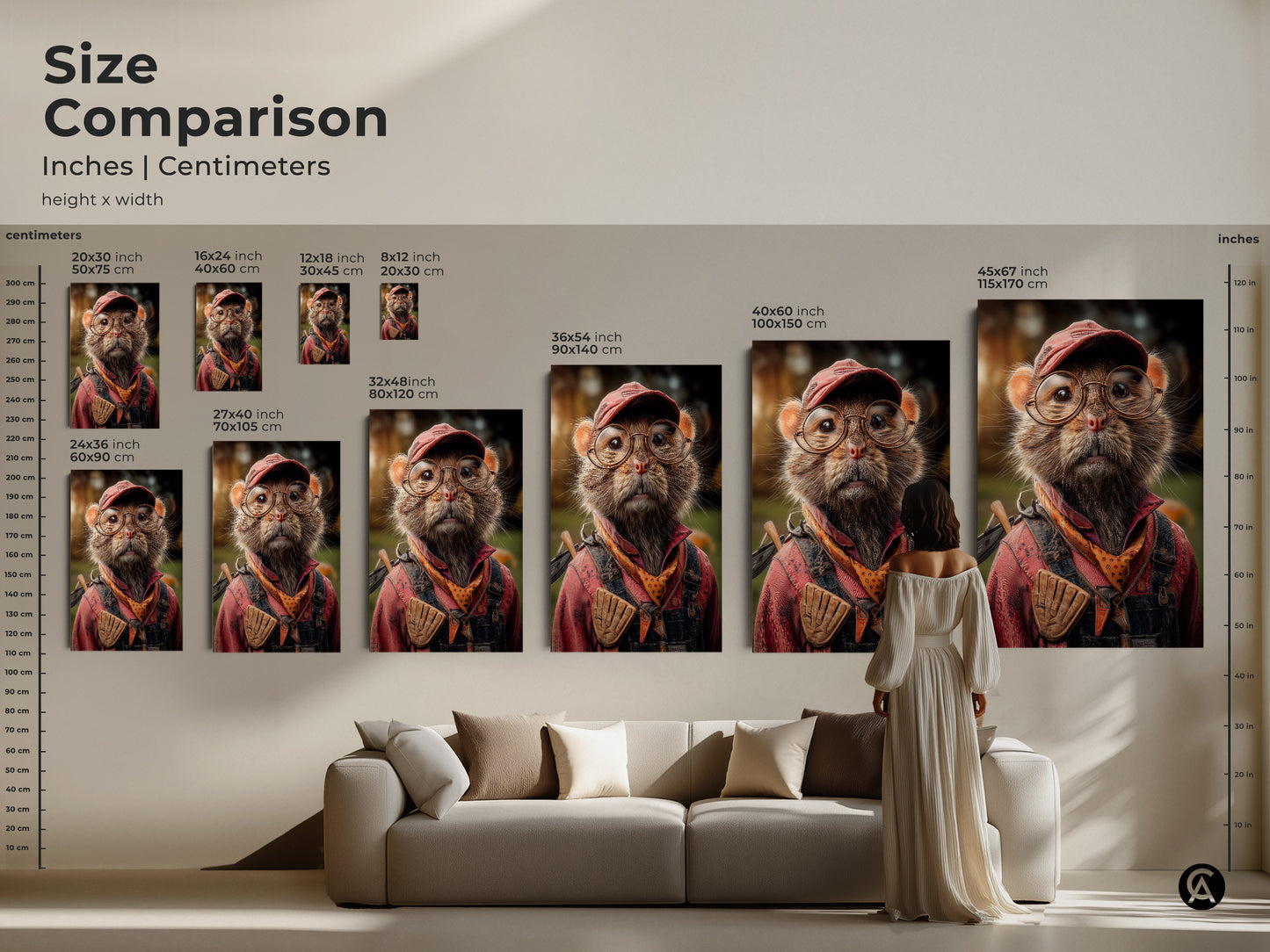 Compare sizes with this charming mouse artwork guide in inches and centimeters. It helps to choose the right art for your space. Plan your perfect canvas print or poster dimensions. This artwork is great as a whimsical touch to rustic home decor. The animal is wearing red overalls and glasses.