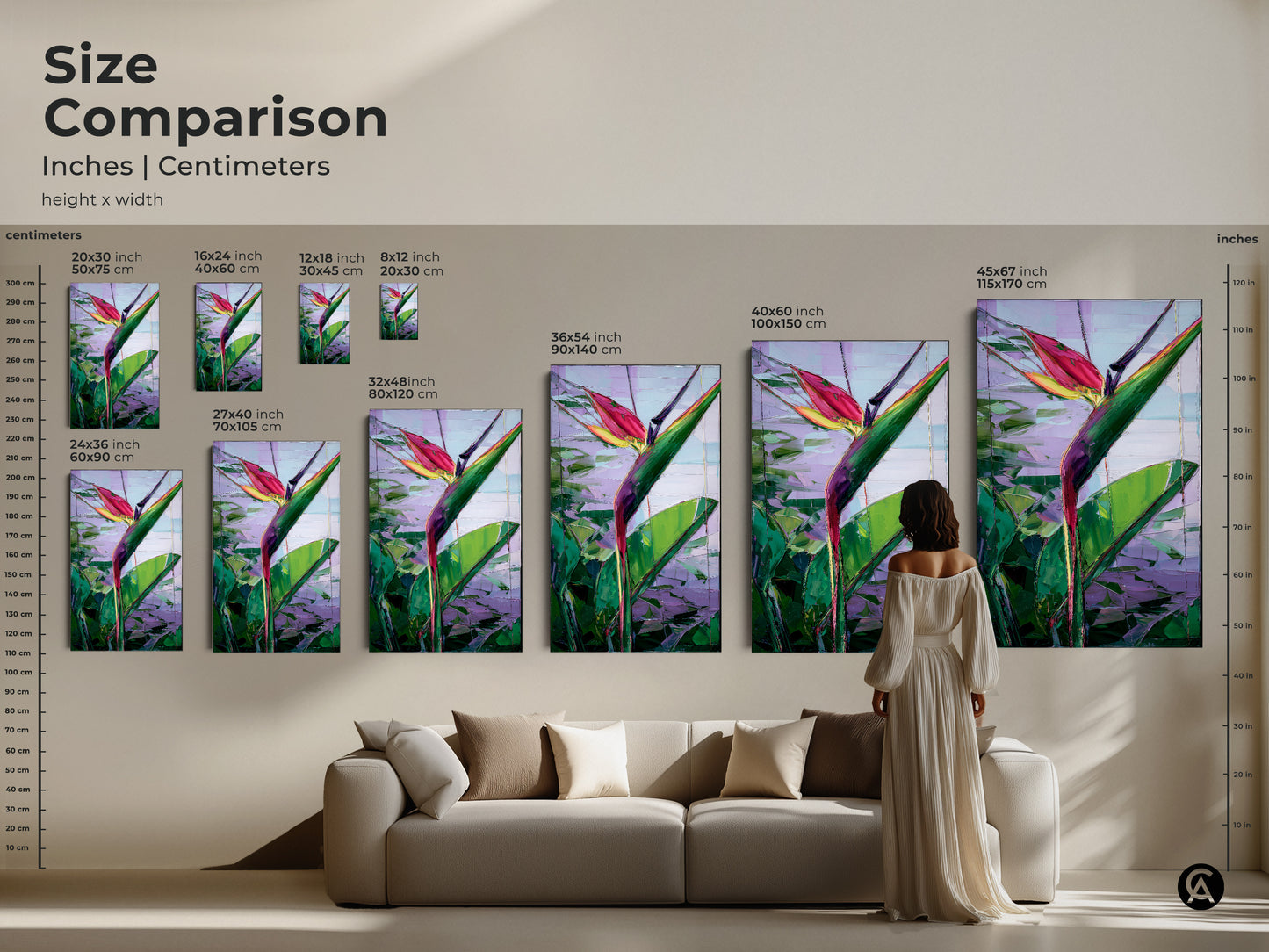 Size comparison showcasing abstract Bird of Paradise artwork in inches and centimeters. The tropical botanical canvas sizes range for versatile boho decor. Green pink and purple hues enhance any living space. Find the perfect size for a unique housewarming gift. Perfect for plant art lovers.