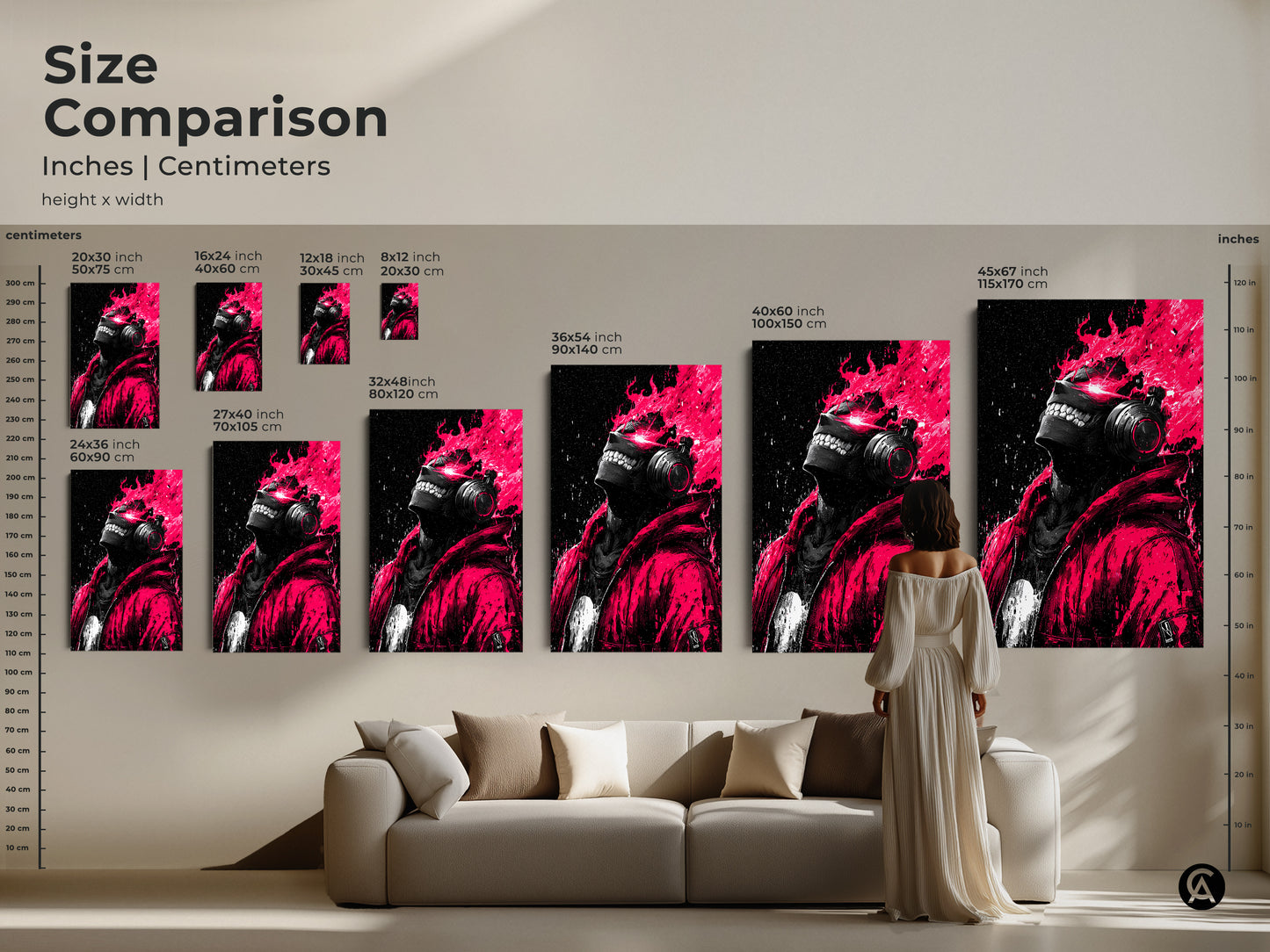 Size comparison of edgy artwork in inches and centimeters. The art features a person in headphones with pink flames. See how different sizes complement your living space. Perfect for planning your art arrangement.