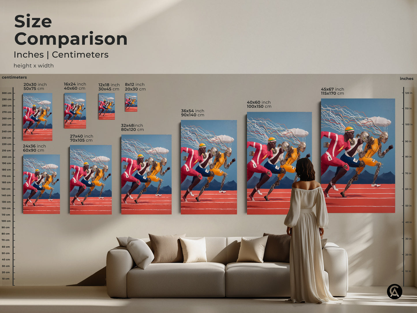The print shows runners with cyborg enhancements racing. The art piece is designed with red yellow and blue colors. This modern cyberpunk art is ideal for any workspace or study.