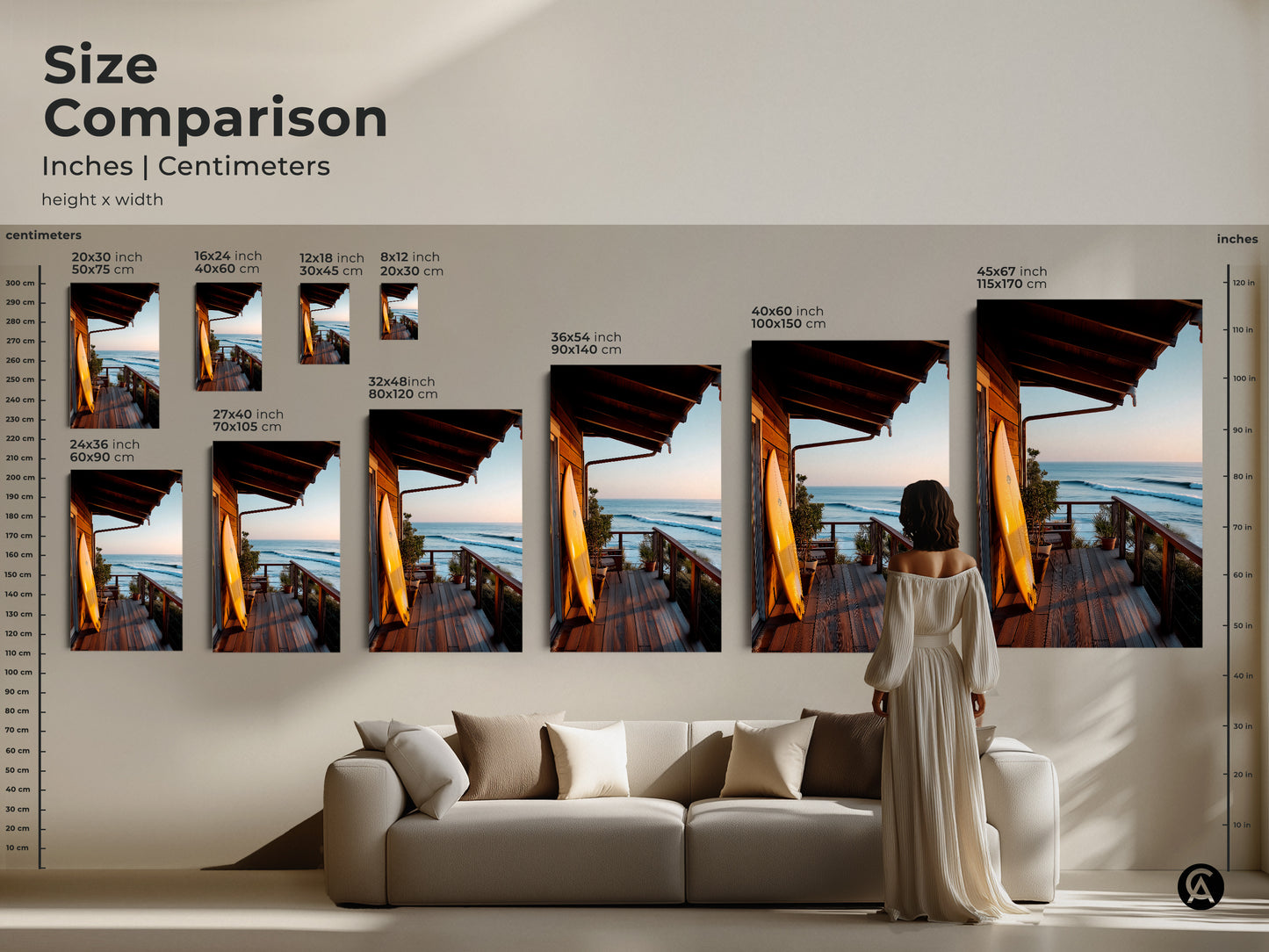 Compare sizes of coastal artwork showing a surfboard on a porch overlooking the ocean. View the artwork in inches and centimeters. See how different sizes fit in a room setting. This surf art is perfect for any space. Choose the ideal size for your home decor.