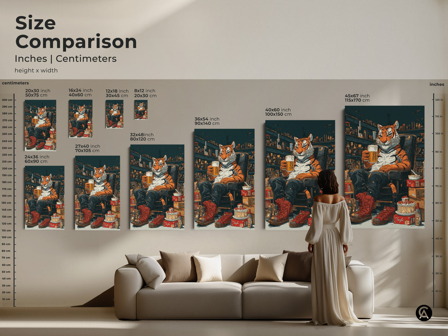 Size comparison of the tiger with beer artwork in inches and centimeters. The artwork is available in various sizes to fit different wall spaces. This humorous animal illustration is great as eclectic home decor piece.