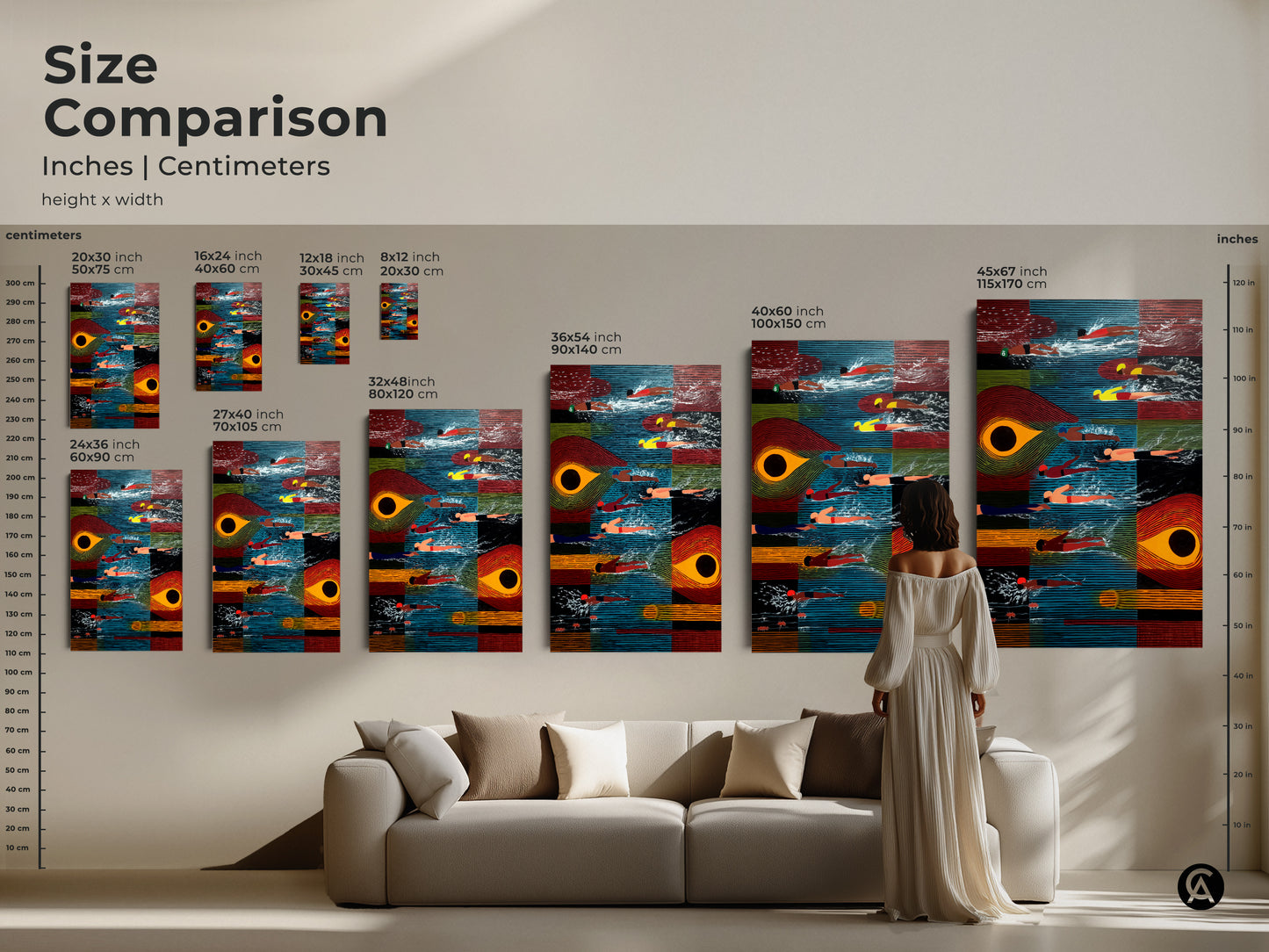 Compare sizes of this abstract swimmers artwork in inches and centimeters. The piece suits any space from small to large. This mid-century modern art print with blue orange and red hues enhances any room. Consider this swimming abstract canvas as a unique and artistic addition to your decor.