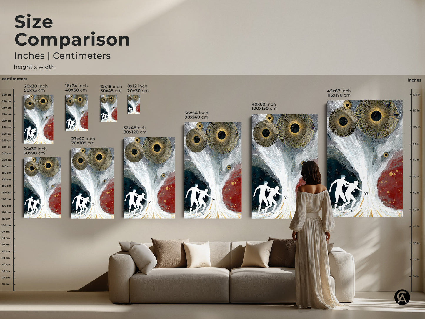 Compare sizes of abstract soccer paintings in inches and centimeters. This sports theme artwork is perfect for a contemporary space. Sizes range from small to large. Features a dynamic soccer scene and striking gold sunbursts. Ideal for sports enthusiasts and art lovers alike.