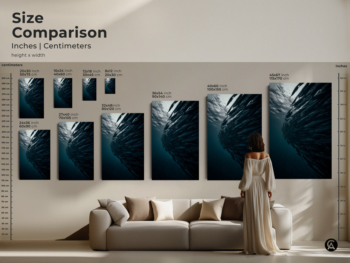 Size comparison of the school of fish artwork in inches and centimeters. See how the artwork fits above a sofa. Choose from various sizes for canvas and poster prints. Sizes range from 20x30 cm to 45x67 inch. Perfect for any modern home interior.