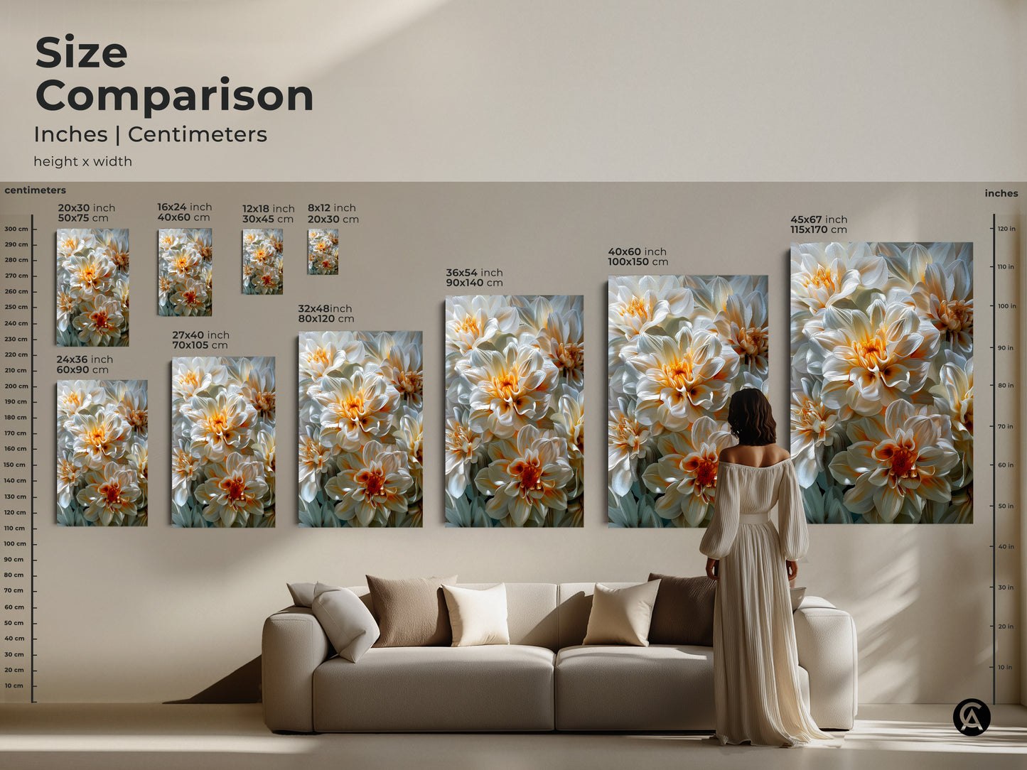 Size comparison of dahlia floral art prints in inches and centimeters. See how different sizes of canvas and poster art fit above a sofa. Visualize the impact of large-scale floral artwork in your living room. Transform your living room with a beautiful floral art.