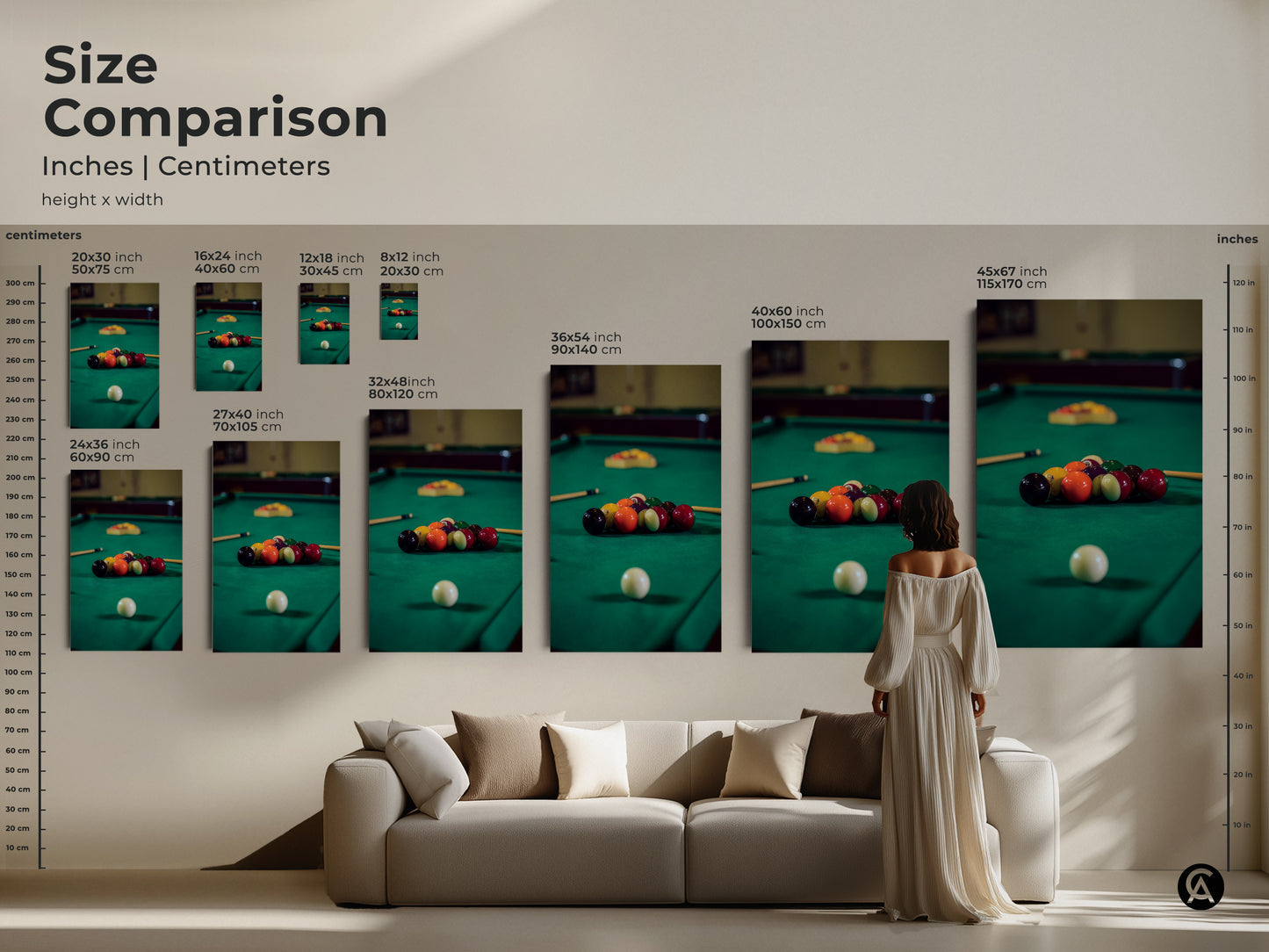 Size comparison of billiard balls canvas art in inches and centimeters. See how this emerald green art fits in various spaces. Ideal game room decor and a unique man cave gift. This sports photography canvas enhances any leisure room.