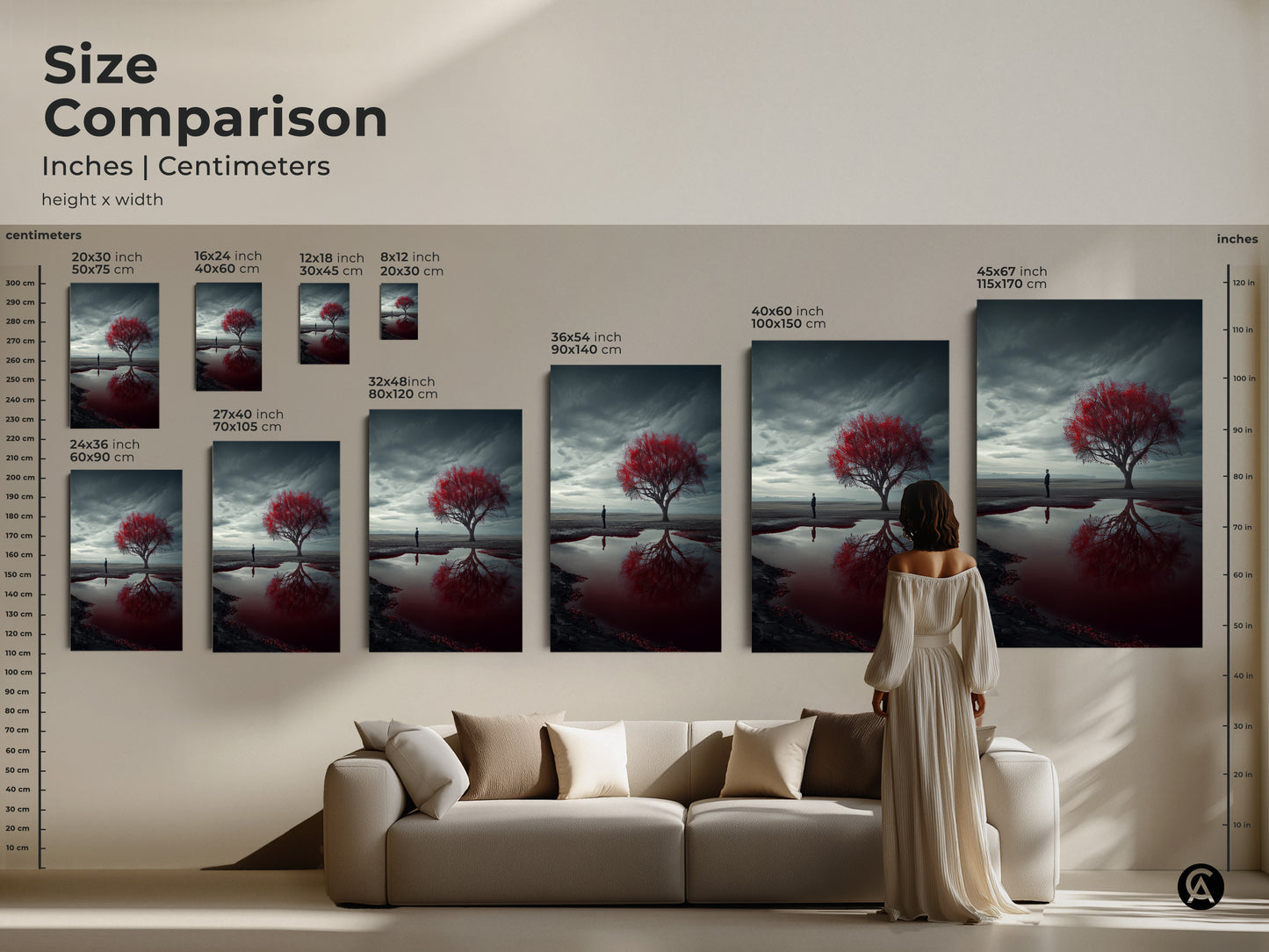 Size comparison showcases surreal landscape artwork in various dimensions. Visualize the red tree desert scene in inches and centimeters. See how the art fits above a couch with a model for scale. Choose the perfect size for your contemporary canvas art print.