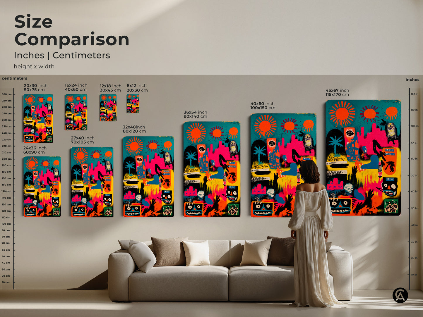 Size comparison of abstract artwork in inches and centimeters. See how different sizes of the canvas or poster print look in a living space. Visualize the impact of this modern graffiti-style art. Find the perfect fit for your home