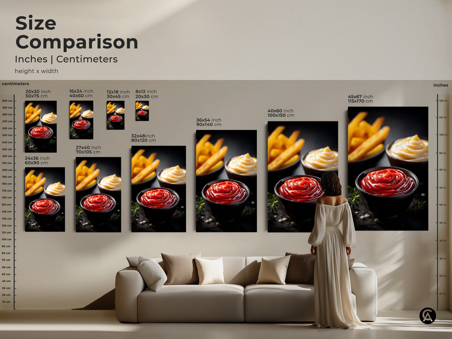 Size comparison of ketchup mayo and fries art prints in inches and centimeters. This modern food photography is available in various sizes. Visualize how each canvas or poster print fits in your home. Ideal for adding a playful touch to your kitchen or dining room decor. Perfect for food lovers.