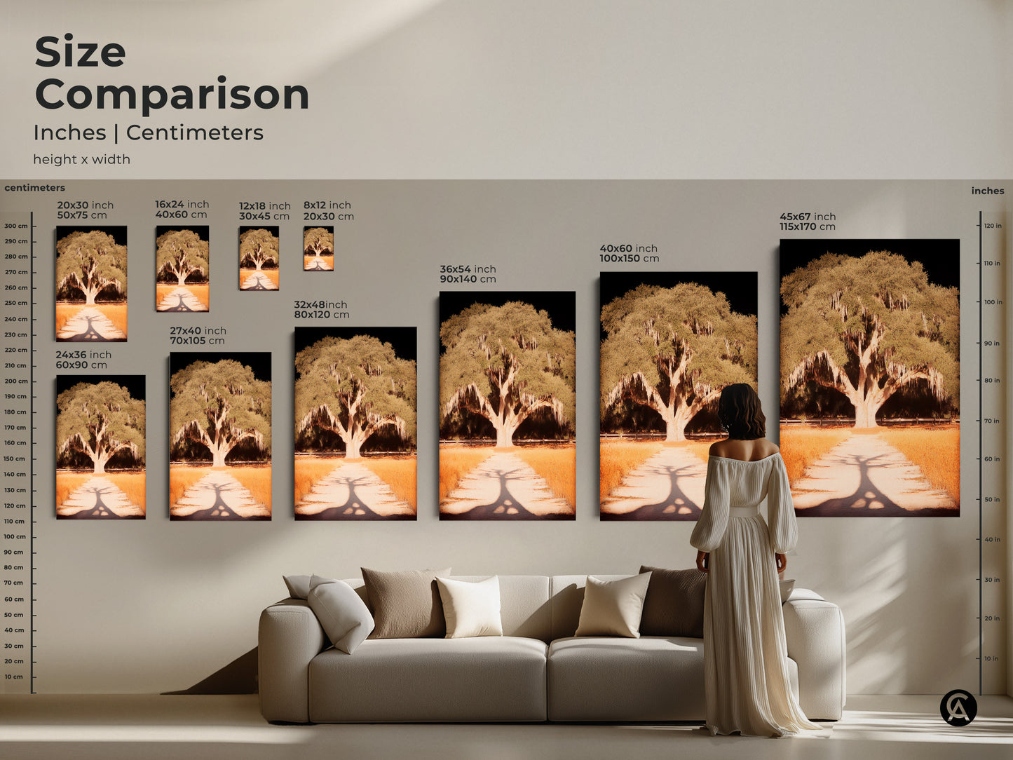 A size comparison shows various dimensions for the tree artwork. It shows how the art fits in a residential space. Find the ideal art size to enhance your home. This guide helps visualize the artwork's impact.