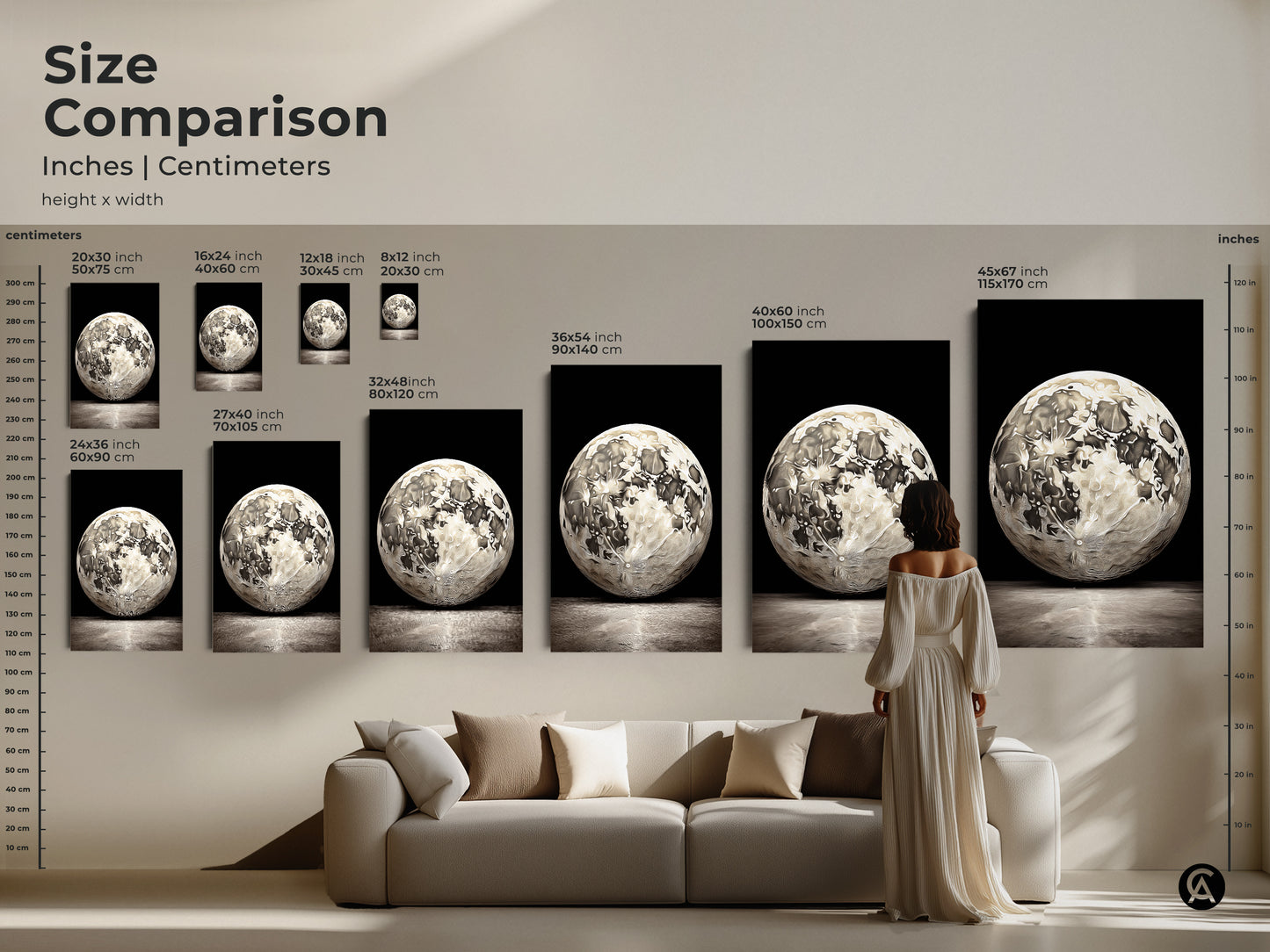 Size comparison of abstract moon artwork in inches and centimeters. See how the canvas and poster prints will look in your living space. Perfect for modern bedroom art or as a stargazing gift.