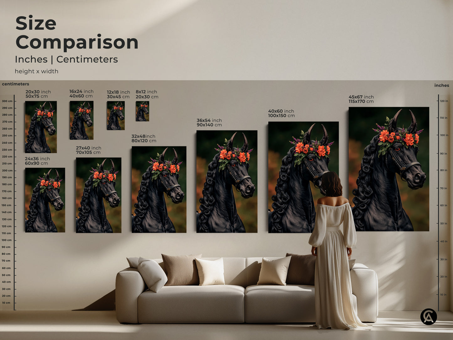Size comparison of the black horse art print in a living room setting. Various canvas sizes demonstrate how this piece fits into different spaces. This gothic horse art print enhances any eclectic decor. See how this equestrian wall decor can transform your room.