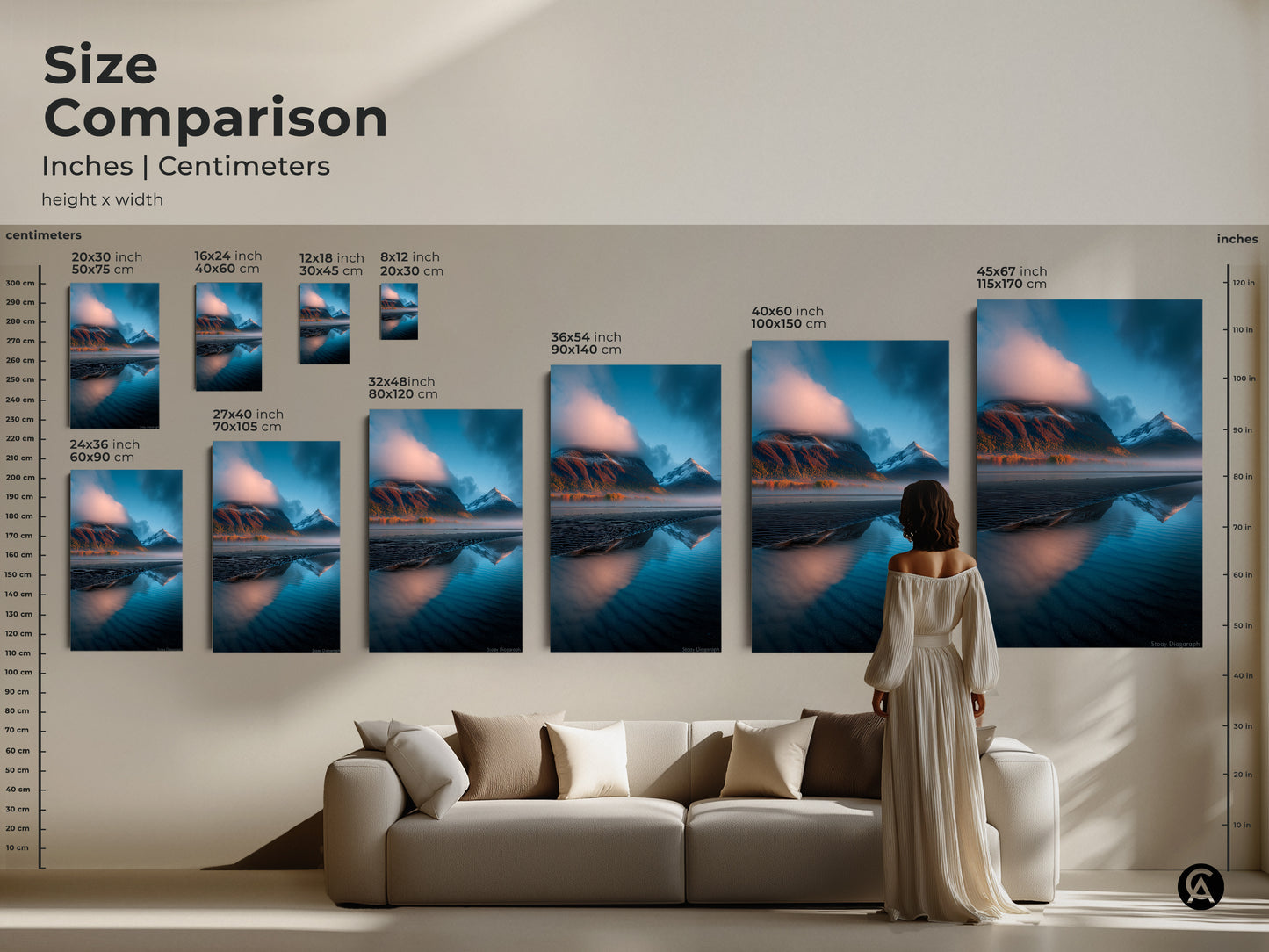 Size comparison of the mountain lake canvas prints in inches and centimeters. Visualize how the artwork fits above a sofa. Choose sizes from 20x30 cm to 45x67 inches.